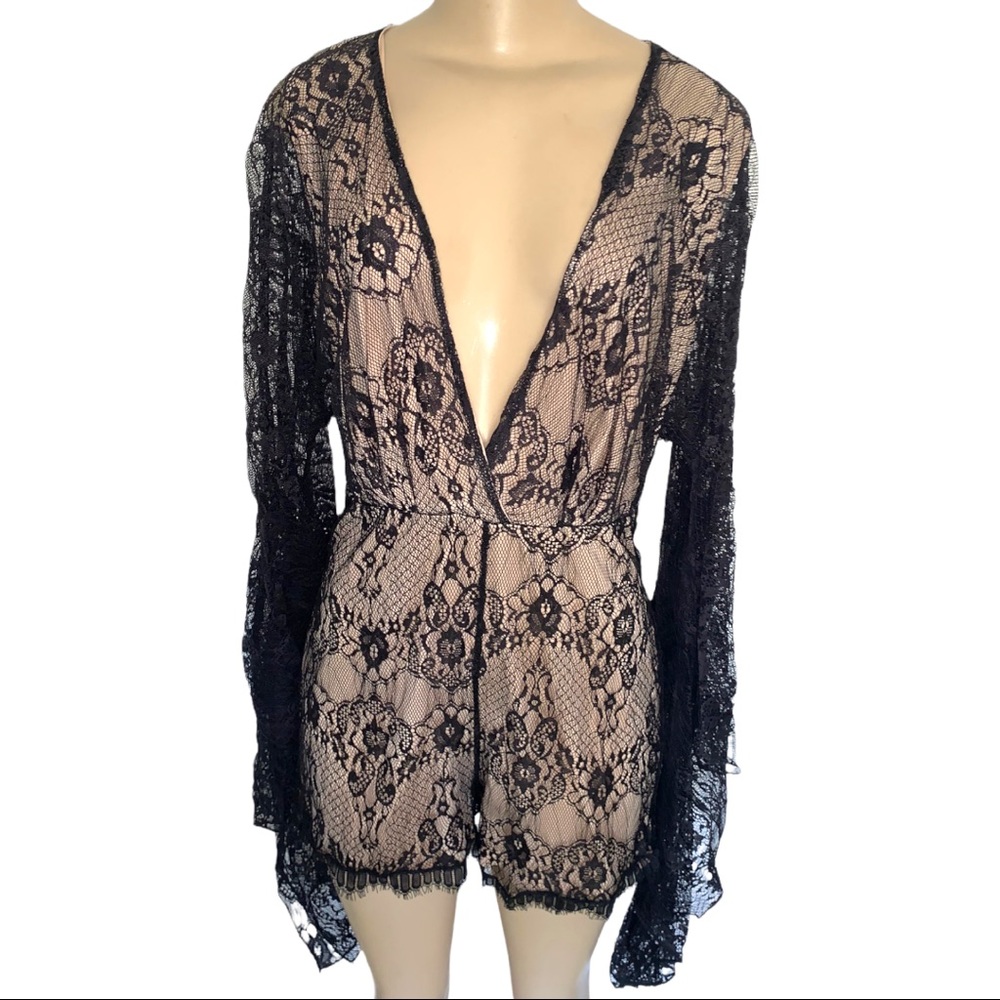 Venus Sheer Black Lace Plunge V-Neck LS Nude Lined High Waist Shorts Romper